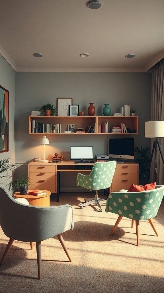 A stylish home office featuring polka dot chairs, a wooden desk, and shelves with books and decorative items, all in a 1960's themed design.