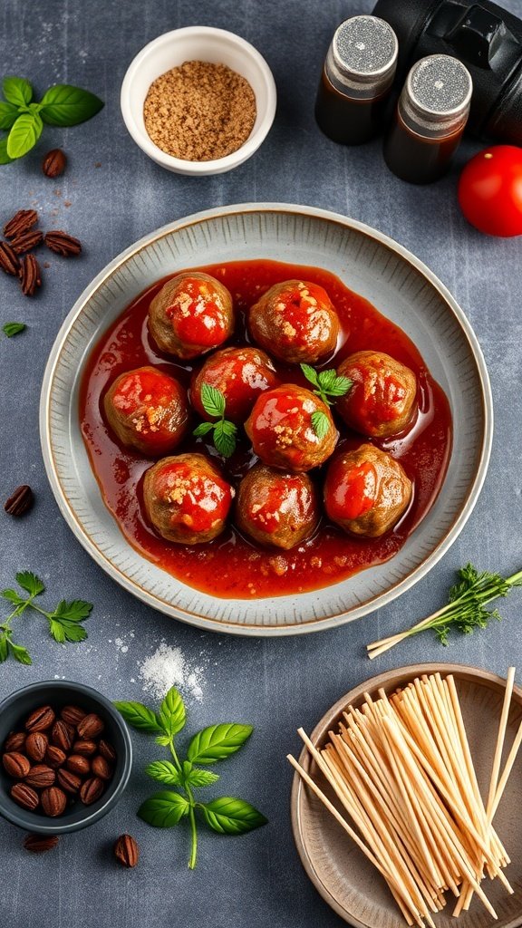 A plate of zesty meatballs in a tangy sauce, garnished with fresh herbs.