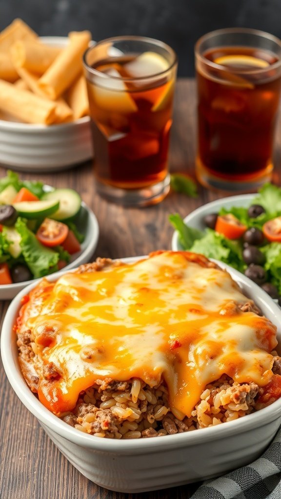 A delicious beef and rice casserole topped with melted cheese, served with salads and drinks.