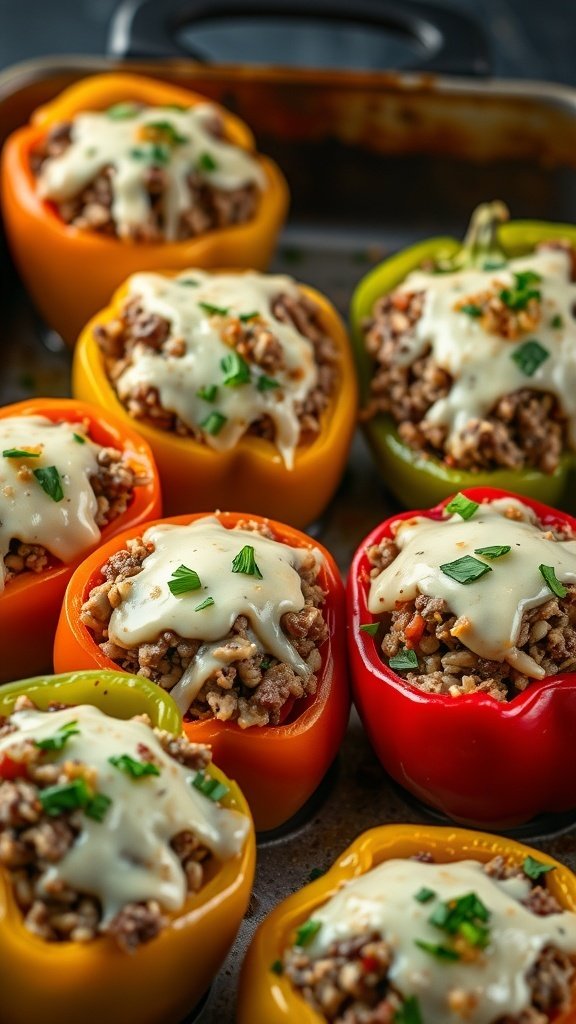 Colorful stuffed peppers filled with ground beef and topped with melted cheese.