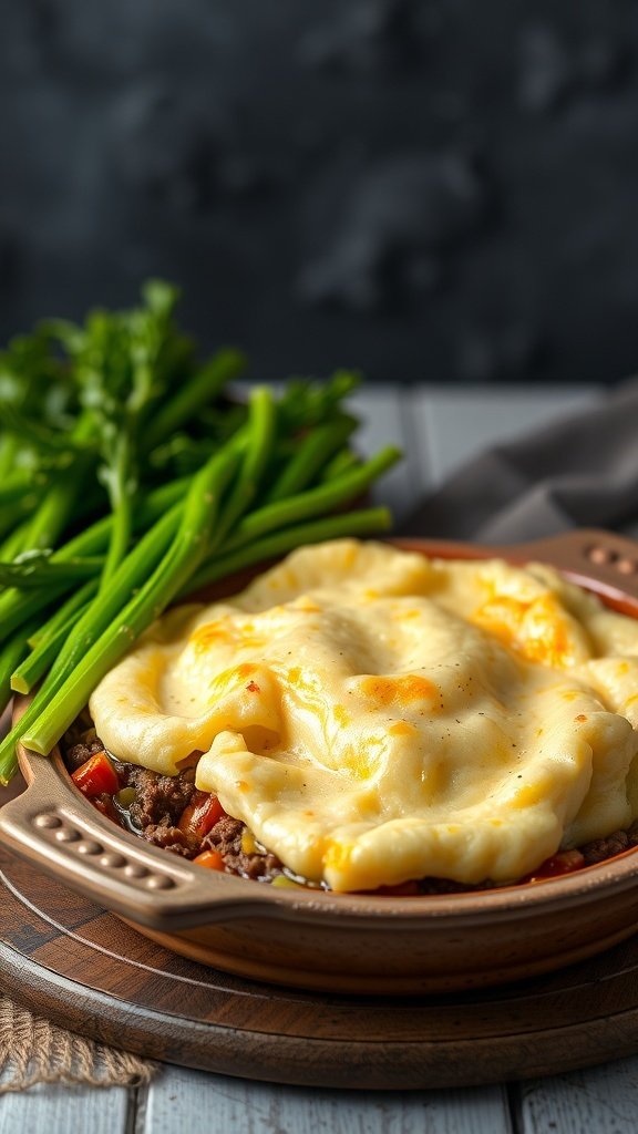 A delicious Shepherd's Pie with a cheesy top and a side of green vegetables.