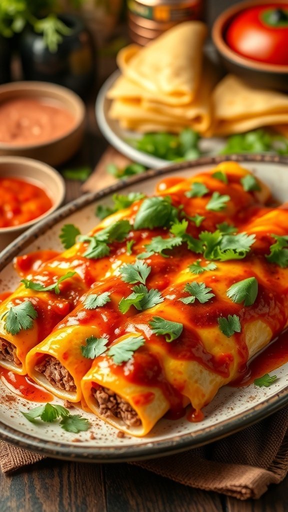 A plate of beef enchiladas topped with sauce and cilantro, surrounded by tortillas and garnishes.