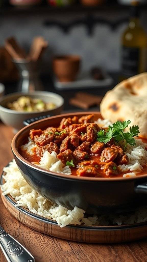 A bowl of spicy beef curry served over rice, garnished with cilantro.