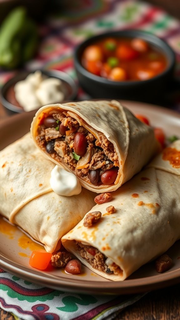 Delicious beef and bean burritos served with sour cream and salsa.
