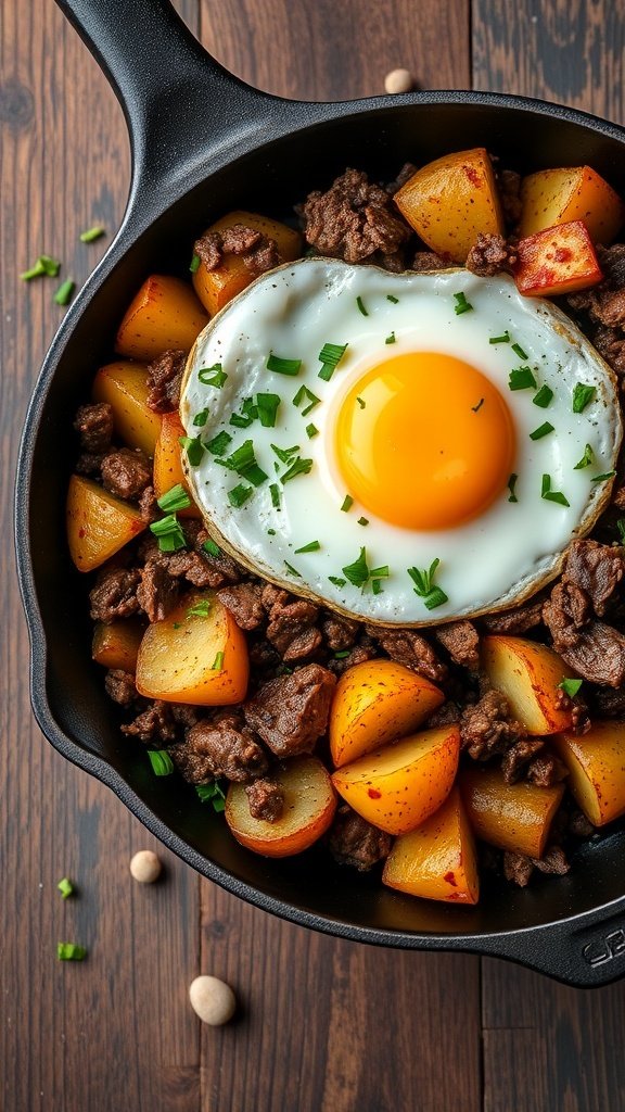 A skillet filled with beef, potatoes, and a fried egg on top, garnished with chives.