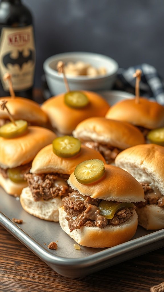 A tray of beef stroganoff sliders topped with pickles, served with a bottle of ketchup in the background.