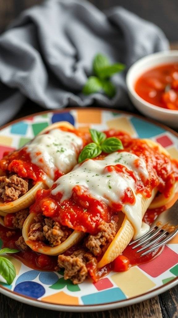 Plate of beef and cheese stuffed shells topped with marinara sauce and fresh basil.