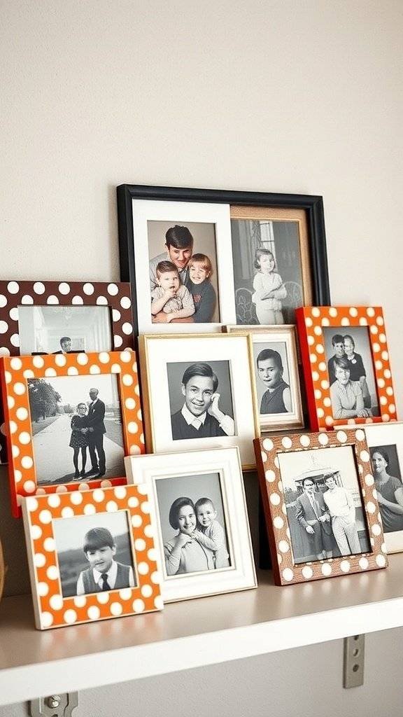 A collection of polka dot picture frames displaying black and white photos, showcasing a playful yet sophisticated home decor style.