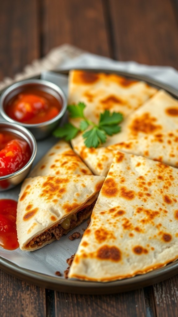 Delicious beef quesadillas served with salsa on the side