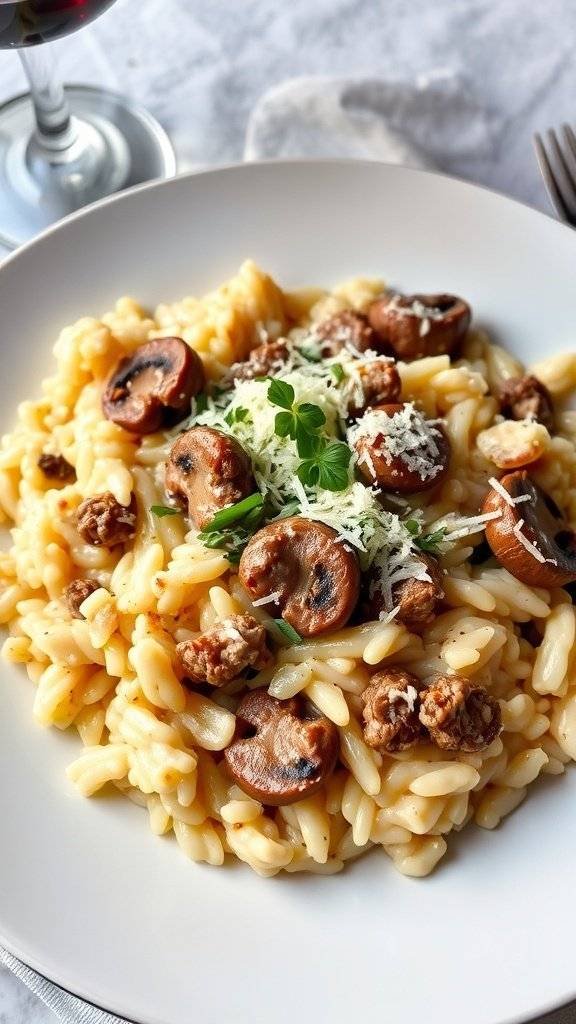 A plate of beef and mushroom risotto garnished with cheese and parsley, accompanied by glasses of red wine.