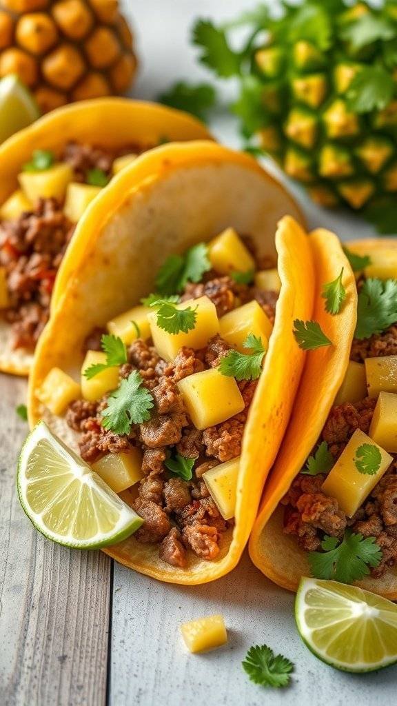 Tacos filled with ground beef and pineapple, garnished with cilantro and lime