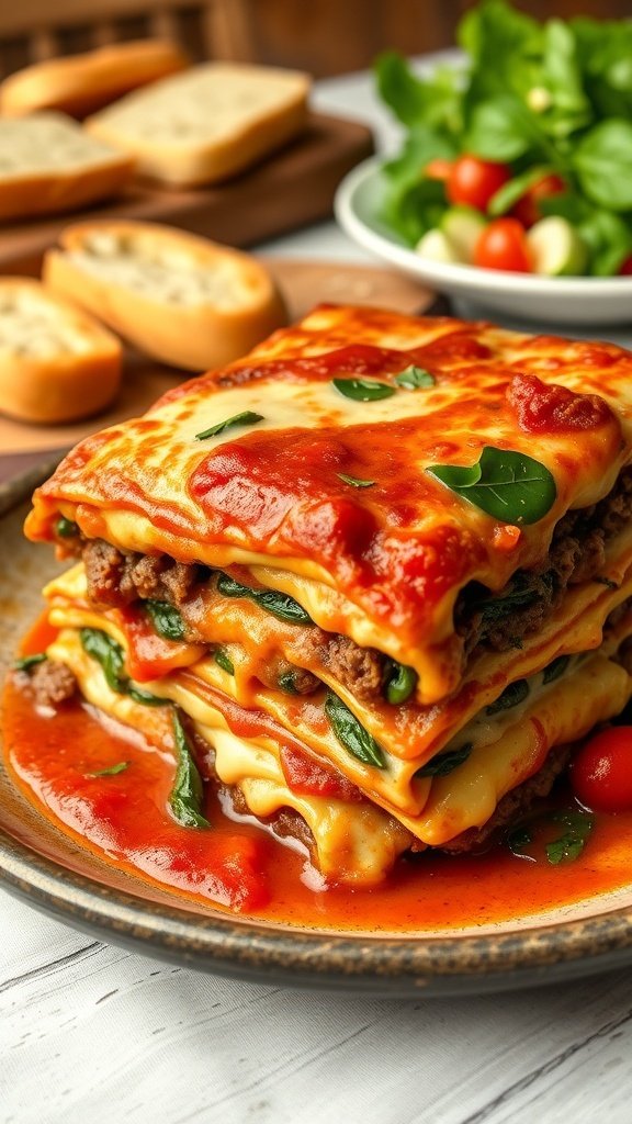 A delicious plate of Gotham-style beef and spinach lasagna with garlic bread and a fresh salad on the side.