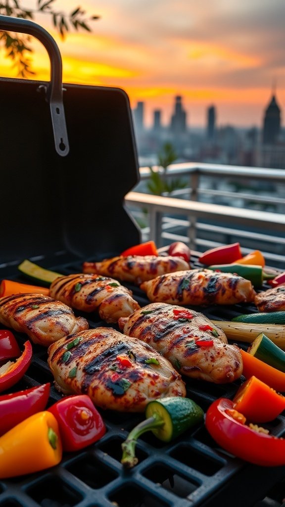 Grilled chicken breasts with colorful vegetables on a grill against a sunset skyline.