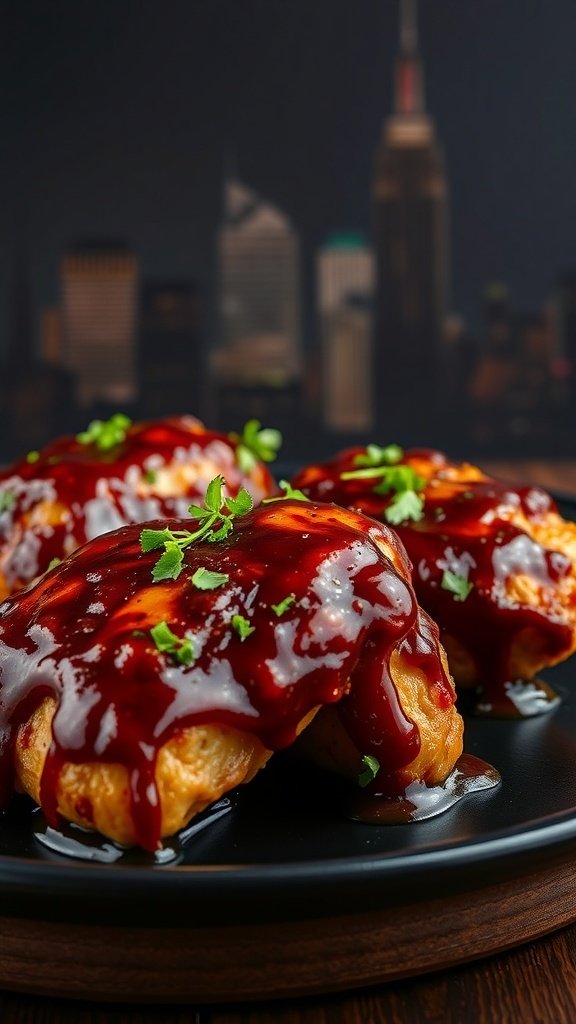 Baked BBQ chicken breasts garnished with parsley, with a city skyline in the background.