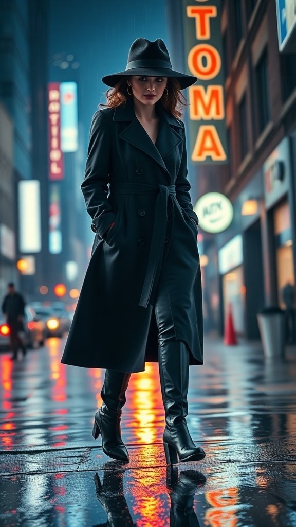 A woman in a dark coat and hat walking on a rainy street with neon lights in the background.
