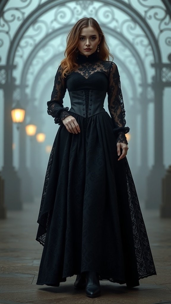 A woman in a black Victorian Gothic dress with lace details, standing in an elegant architectural setting.