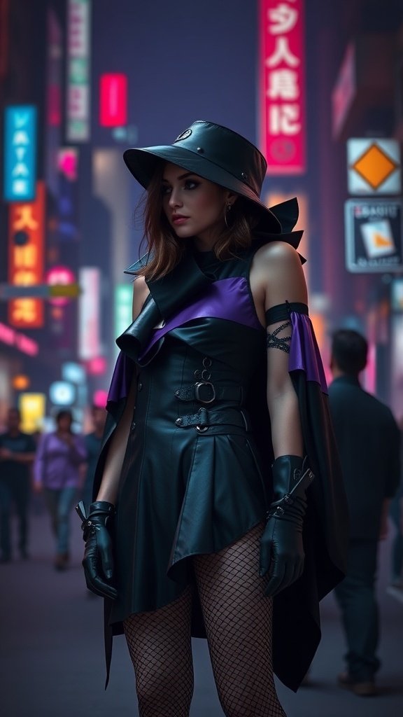 A woman in a goth-inspired outfit with a black dress and purple accents, wearing a wide-brimmed hat and fishnet stockings, standing in a vibrant city at night.