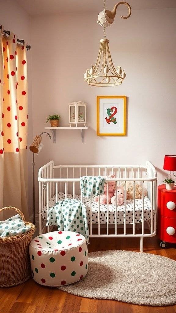A stylish baby nursery featuring polka dot decor, including a crib, pouf, and curtains, with a warm and inviting atmosphere.