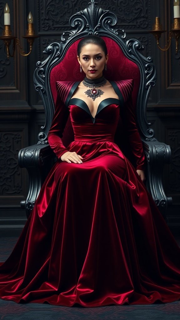 A woman in a deep red gown with bold shoulder details, seated on an ornate throne, embodying Dark Queen Glam.
