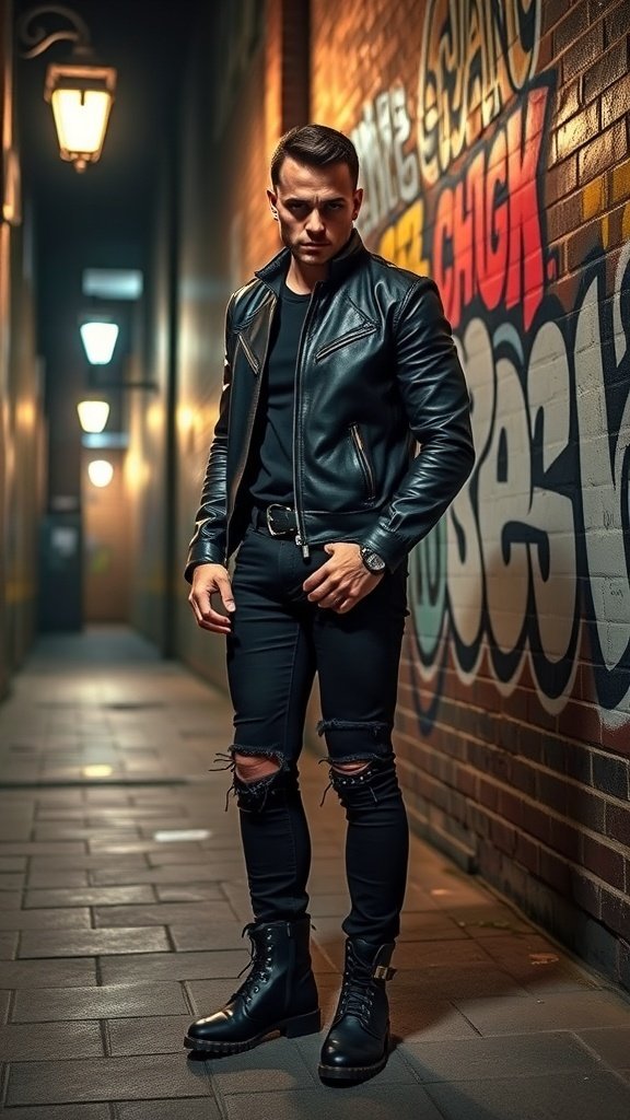 A figure in a black leather jacket and ripped jeans stands in a dimly lit alleyway with graffiti on the walls.