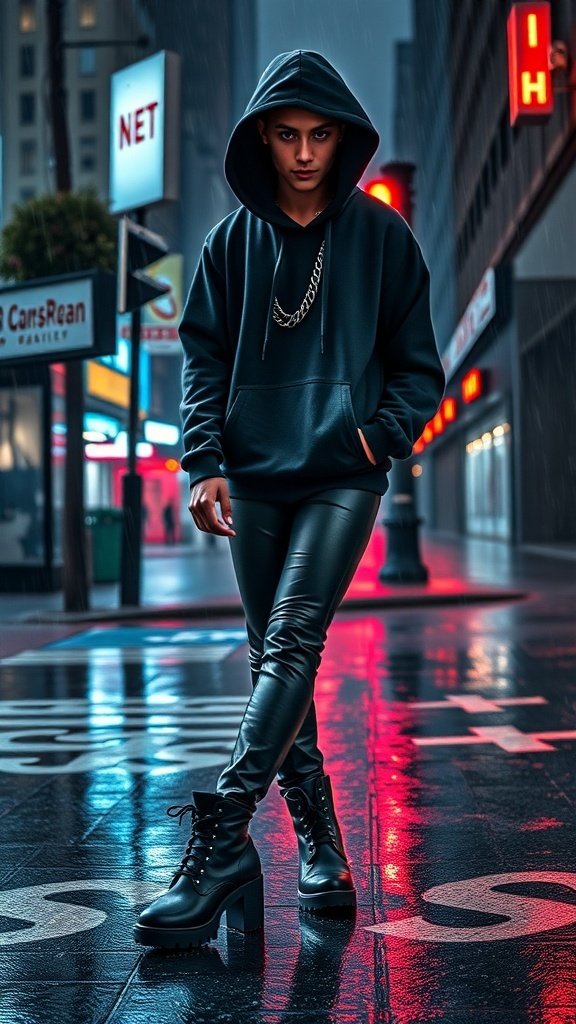 A model in a black hoodie and shiny leggings stands confidently in a city street, showcasing modern gothic streetwear.