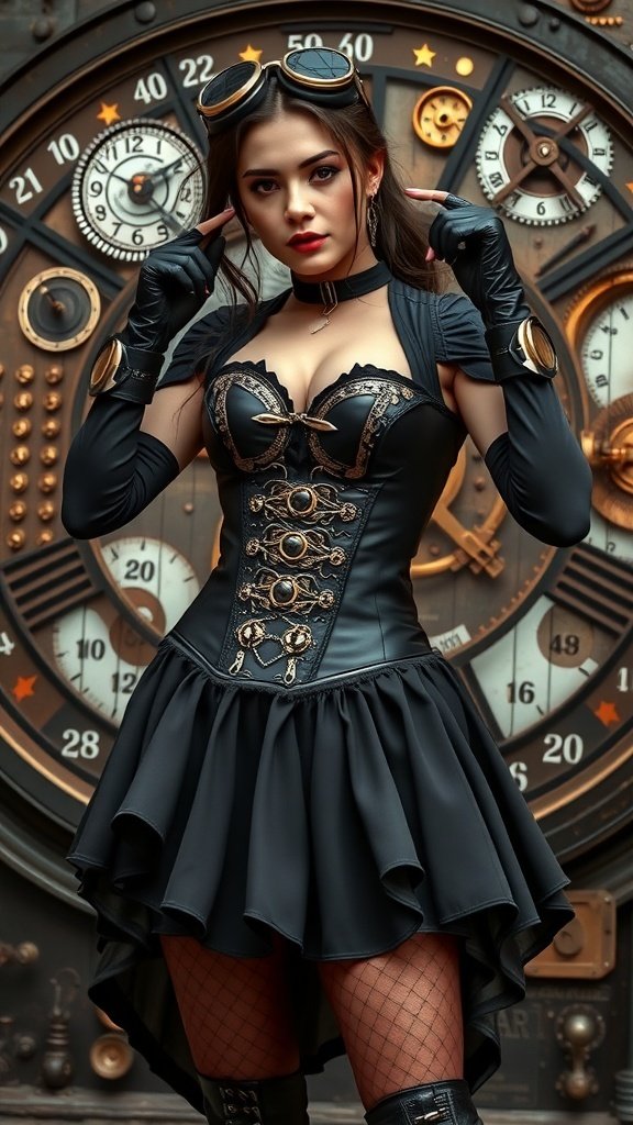 A woman in a steampunk goth outfit with goggles, corset, and flared skirt, standing against a backdrop of vintage clocks.