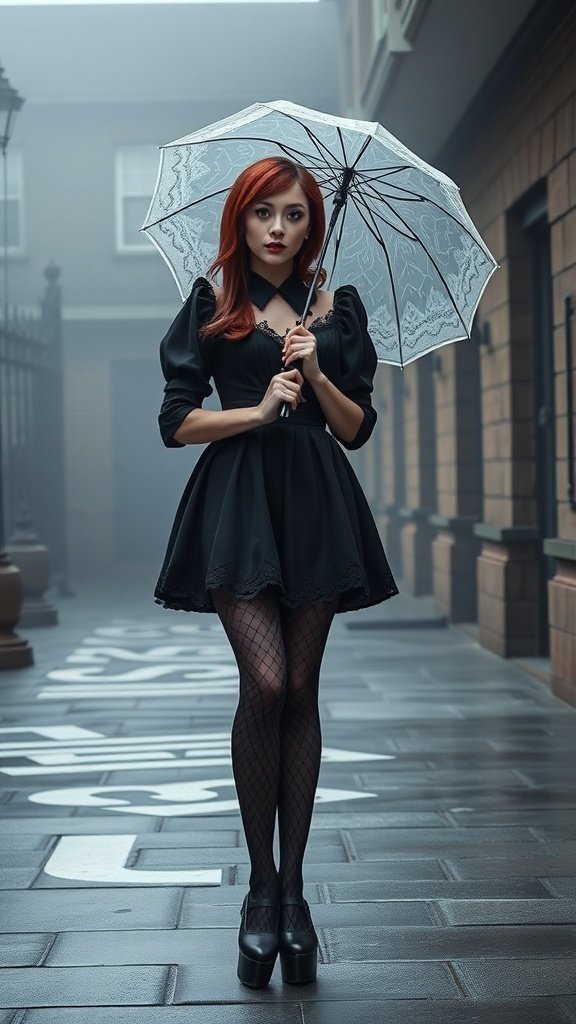 A model in a black Gothic Lolita dress holding a white lace umbrella in a misty urban setting.
