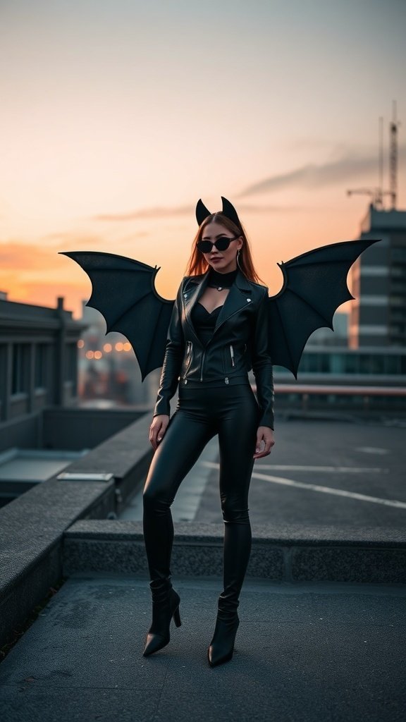 A woman in a bat-inspired goth outfit with bat wings, leather jacket, and sunglasses, standing on a rooftop at sunset.