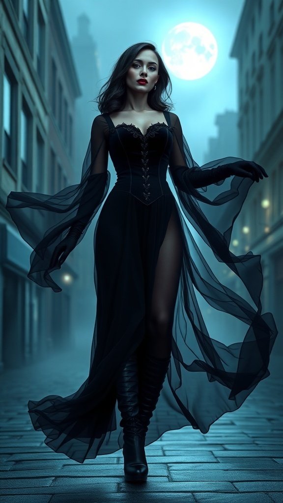 A woman in a flowing black gown with long sleeves and gloves, walking on a foggy street under a full moon.