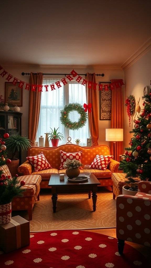 A cozy living room decorated for the holidays with polka dot patterns, featuring a festive wreath and warm colors.