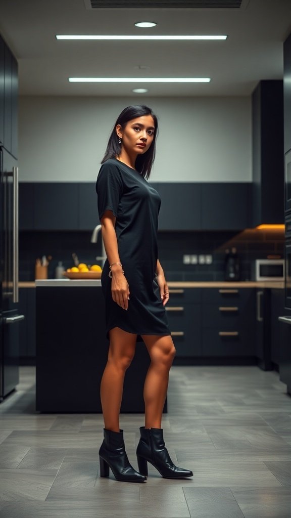 A woman in a black dress and ankle boots standing in a modern kitchen.