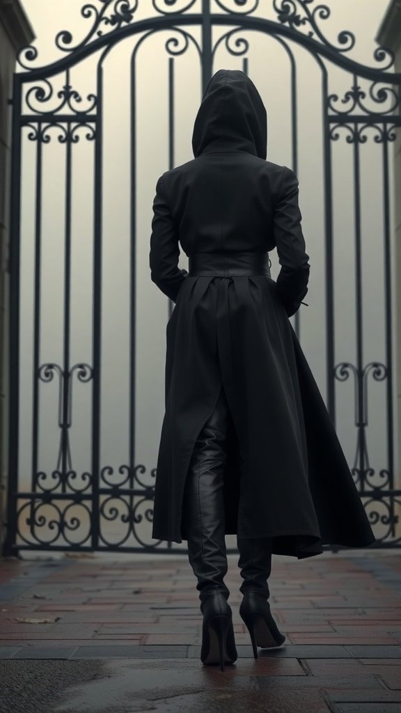 A person in a long black cloak with a hood standing in front of an ornate gate.