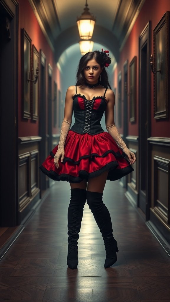 A woman in a red and black dress with a corset top, standing confidently in a hallway, showcasing a villainess-inspired goth fashion look.