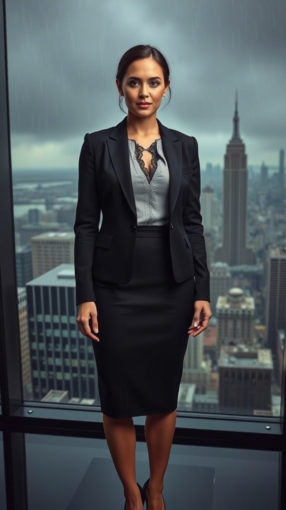 A woman in a black business suit with a lace blouse, standing in front of a city skyline with the Empire State Building.