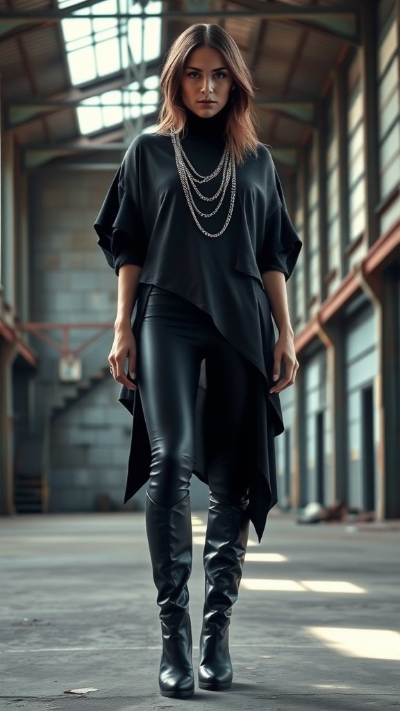 A model in a flowing black top and shiny leggings, showcasing Street Goth fashion.
