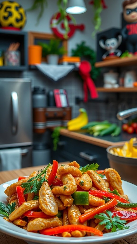 A vibrant plate of spicy chicken stir-fry with colorful vegetables, garnished with cilantro, in a lively kitchen setting.