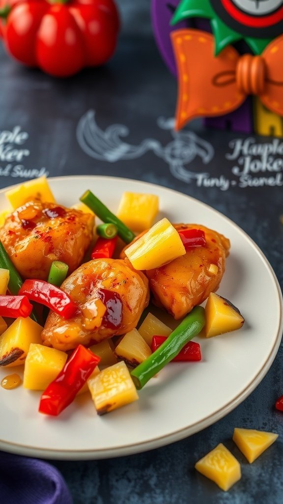 A plate of sweet and sour chicken breasts with colorful vegetables and pineapple, inspired by Gotham City.