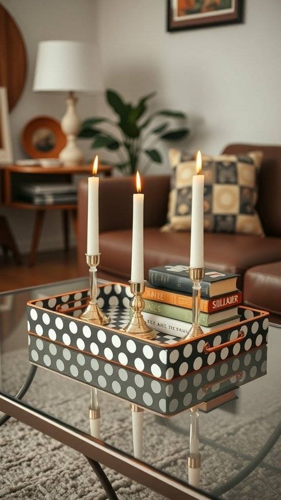 A stylish polka dot decorative tray on a glass coffee table with candles and books in a 1960's themed living room.