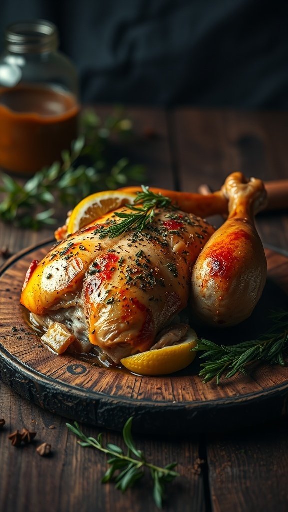 Herb-roasted chicken breast on a wooden cutting board with fresh herbs.
