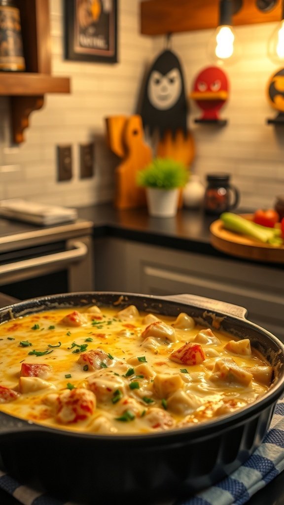 A creamy chicken alfredo bake with colorful ingredients in a skillet, inspired by Gotham City.