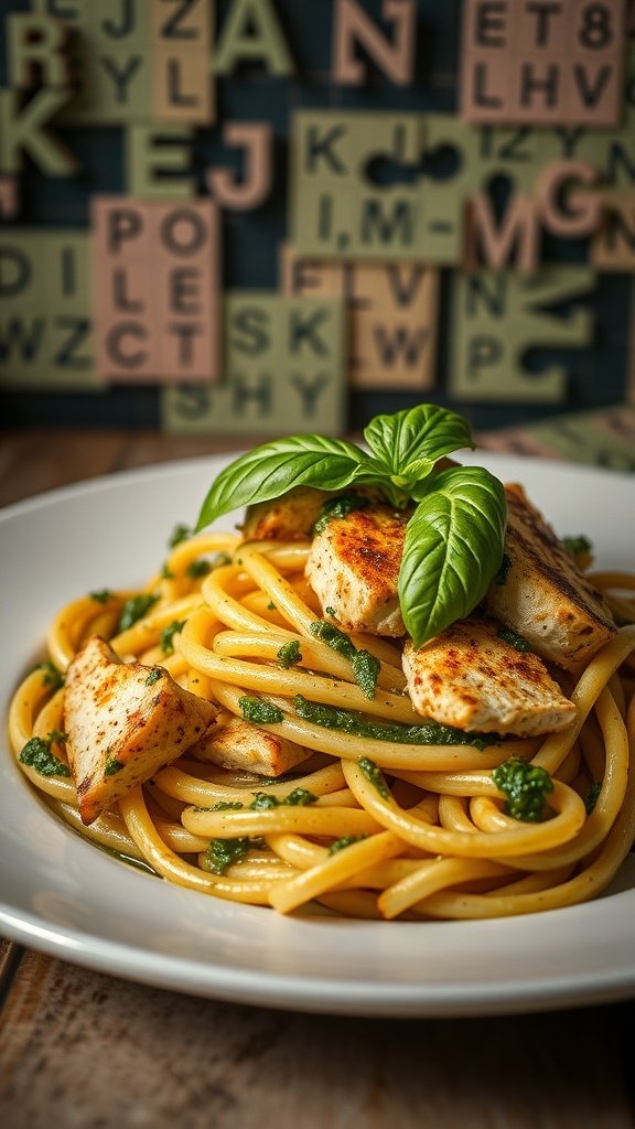 A plate of spaghetti topped with pesto and grilled chicken, garnished with fresh basil leaves.