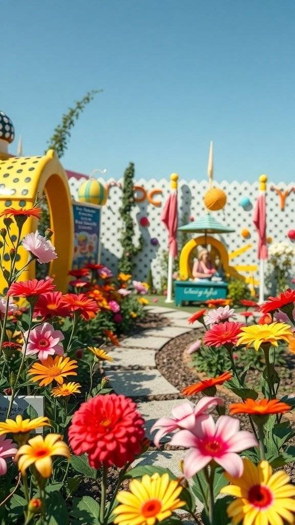 A colorful garden with flowers and polka dot decor, featuring a 1960's themed design.