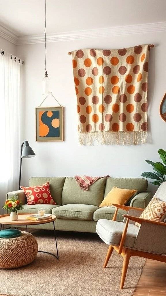 A cozy living room featuring a polka dot fabric wall hanging with orange and brown dots, a green sofa, and a 1960's themed decor.