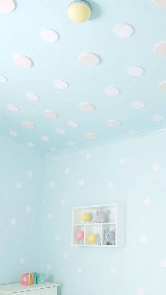 A room with a polka dot ceiling featuring colorful dots and 1960's themed decor.
