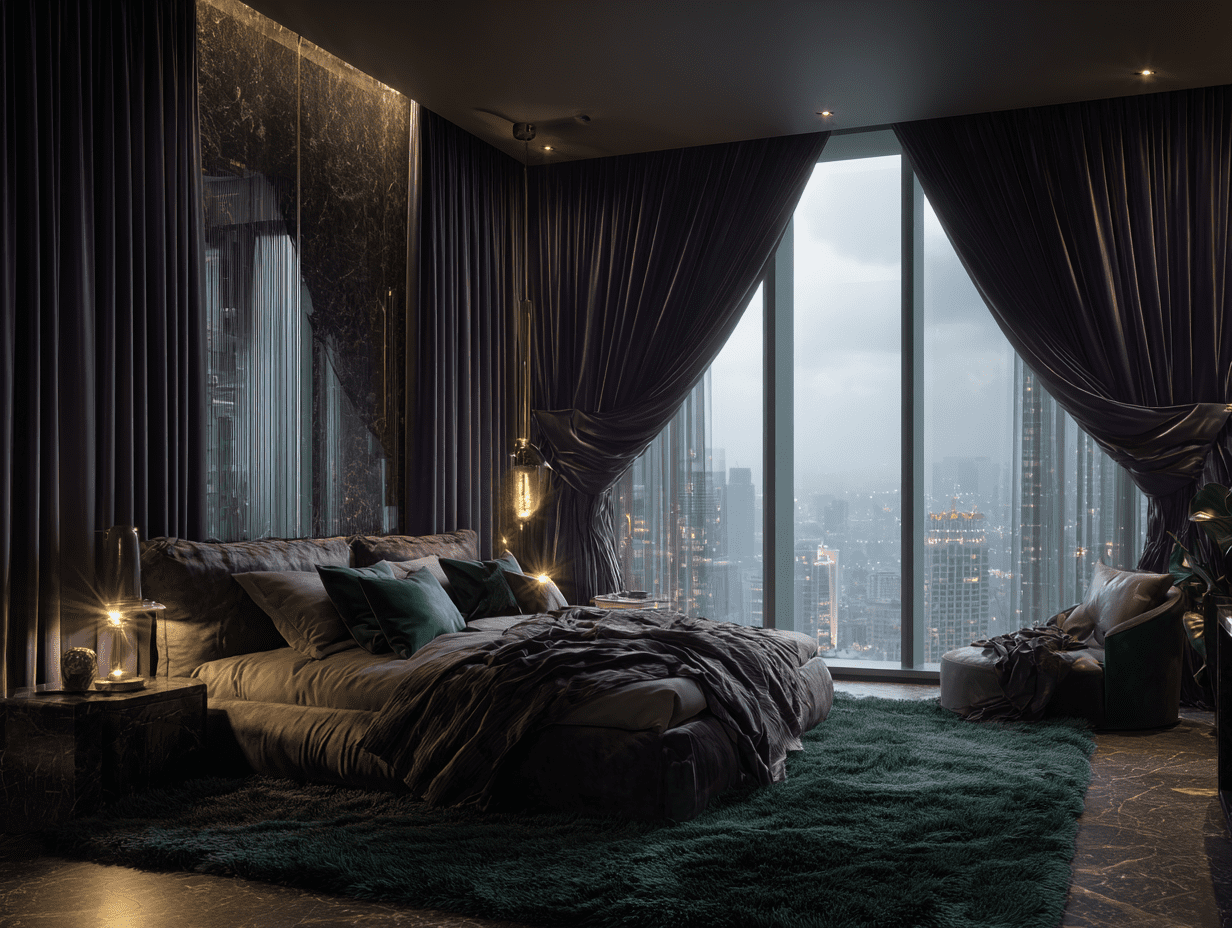 A luxurious bedroom from a penthouse apartment in Gotham City.