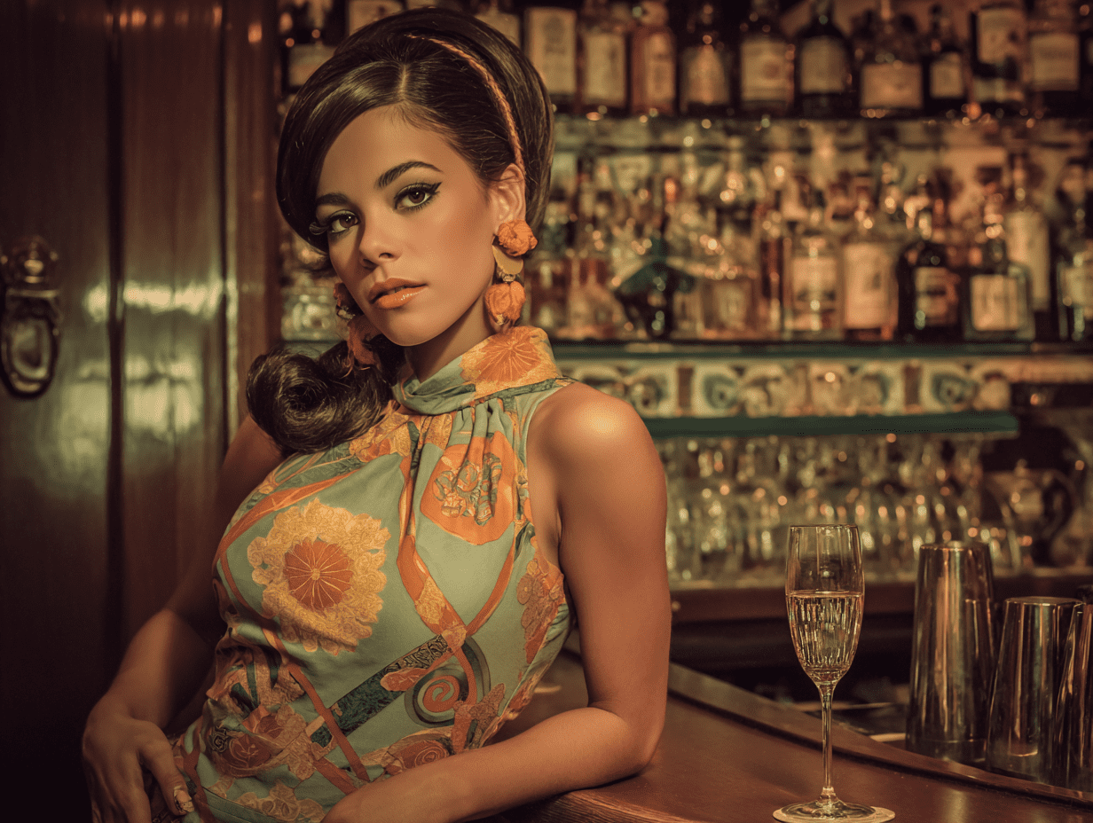 A woman standing in a cocktail bar wearing a dress inspired by the 1960's.