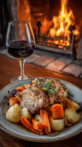 A rustic plate of pork roast and vegetables.
