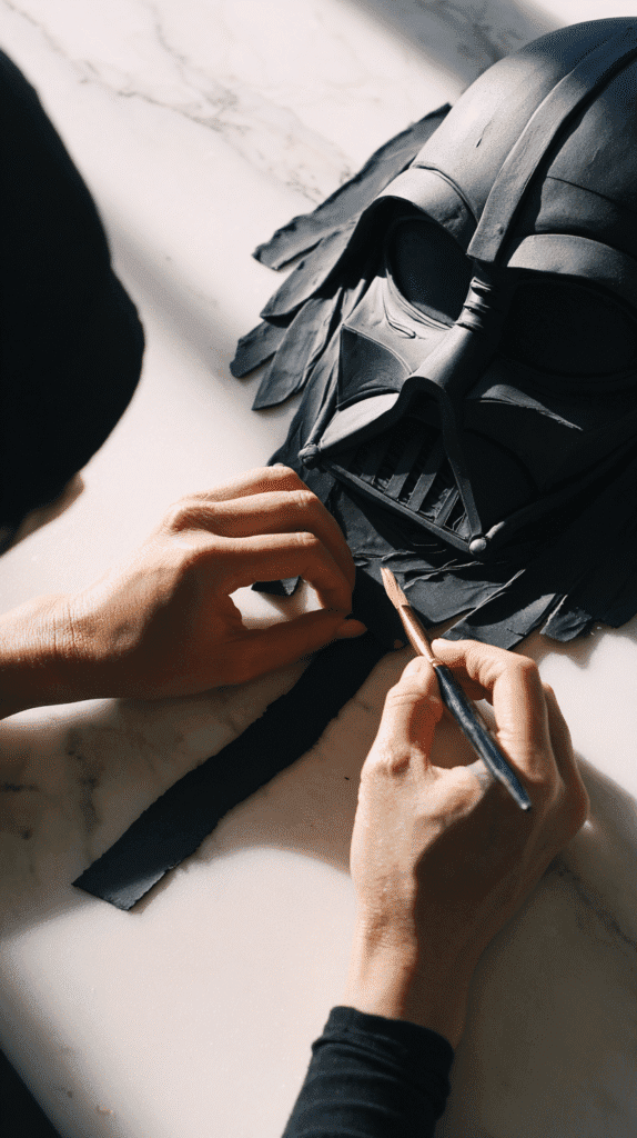 preparing Vadar mask for cake