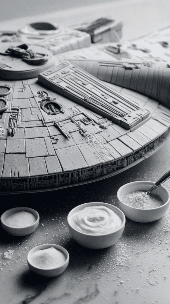 mixing icing for Millennium Falcon Cake