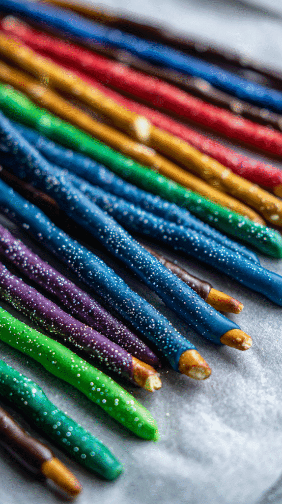covering pretzels for Lightsaber Cupcakes